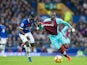 Everton midfielder Idrissa Gana Gueye tussles with West Ham United's Pedro Obiang during their Premier League clash at Goodison Park on October 30, 2016