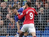 Zlatan Ibrahimovic has had quite enough of Gary Cahill during the Premier League game between Chelsea and Manchester United on October 23, 2016