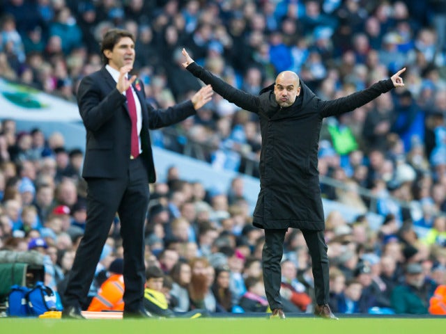 Middlesbrough manager Aitor Karanka on the touchline with Pep Guardiola during his side's Premier League clash with Manchester City at the Etihad Stadium on November 5, 2016