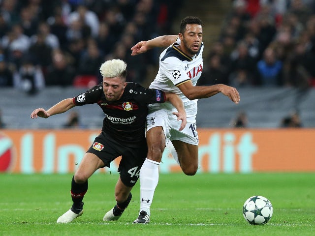 Bayer Leverkusen midfielder Kevin Kampl vies for the ball with Mousa Dembele of Tottenham Hotspur during their Champions League Group E clash at Wembley Stadium on November 2, 2016