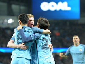 Manchester City players celebrate following Ilkay Gundogan's goal during their Champions League clash with Barcelona at the Etihad Stadium on November 1, 2016