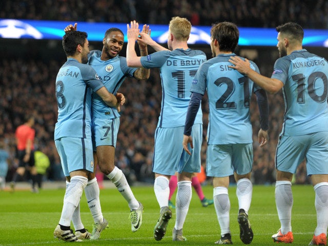 Manchester City players celebrate following Ilkay Gundogan's goal during their Champions League clash with Barcelona at the Etihad Stadium on November 1, 2016