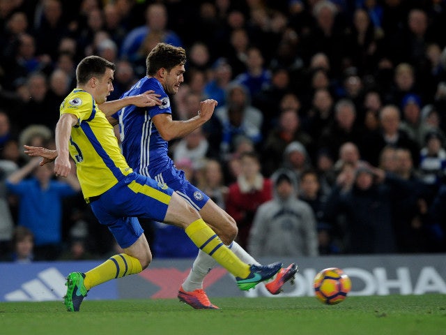 Marcos Alonso scores his first goal for Chelsea during their Premier League clash with Everton at Stamford Bridge on November 5, 2016