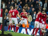 Middlesbrough midfielder Marten De Roon celebrates with teammates after scoring the equaliser in his side's Premier League clash with Manchester City at the Etihad Stadium on November 5, 2016