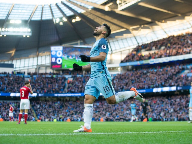 Manchester City's Sergio Aguero celebrates after scoring during the Premier League clash with Middlesbrough at the Etihad Stadium on November 5, 2016