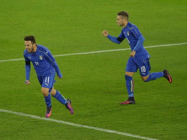 Federico Di Francesco celebrates scoring for Italy Under-21s during their friendly against England Under-21s at St Mary's Stadium on November 10, 2016