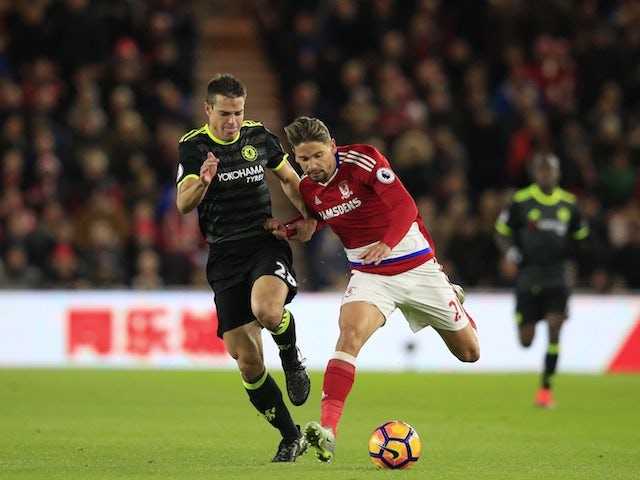 Gaston Ramirez and Cesar Azpilicueta in action during the Premier League game between Middlesbrough and Chelsea on November 20, 2016