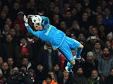 David Ospina makes a save during the Champions League game between Arsenal and PSG on November 23, 2016