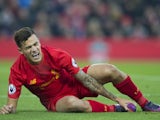Philippe Coutinho goes down injured during the Premier League game between Liverpool and Sunderland on November 26, 2016