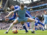 John Stones comes up against Diego Costa during the Premier League game between Manchester City and Chelsea on December 3, 2016