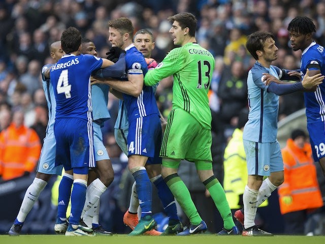 Players fight after Sergio Aguero is sent off during the Premier League game between Manchester City and Chelsea on December 3, 2016