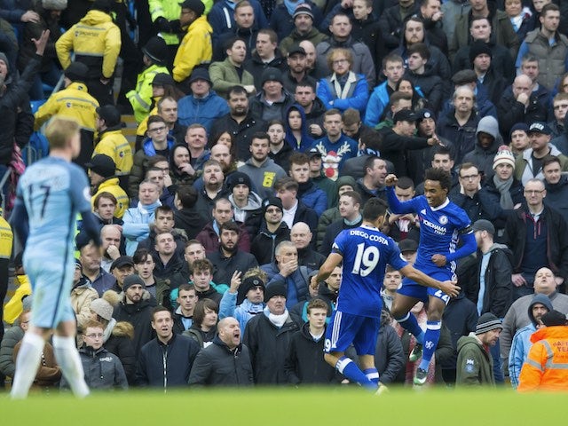 Willian celebrates scoring during the Premier League game between Manchester City and Chelsea on December 3, 2016