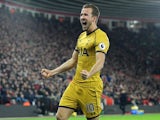 Harry Kane celebrates scoring during the Premier League game between Southampton and Tottenham Hotspur on December 28, 2016