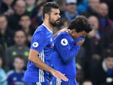 Willian celebrates scoring (apparently) with Diego Costa during the Premier League game between Chelsea and Stoke City on December 31, 2016
