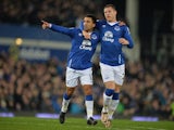 Aaron Lennon celebrates with Ross Barkley after scoring during the game between Everton and Tottenham Hotspur on January 3, 2016