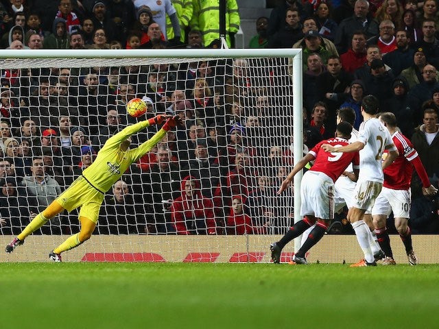 Anthony Martial scores the opener during the game between Manchester United and Swansea on January 2, 2016