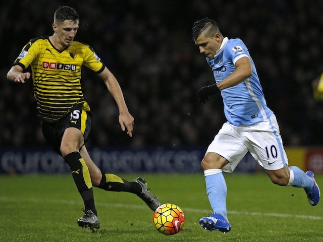 Craig Cathcart and Sergio Aguero in action during the game between Watford and Man City on January 2, 2016