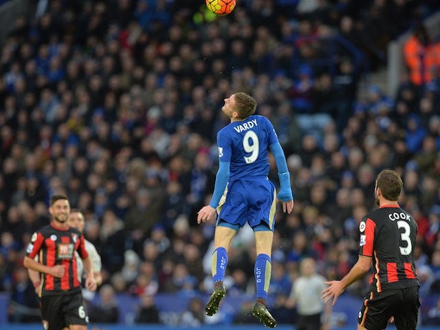 Jamie Vardy in the air during the game between Leicester and Bournemouth on January 2, 2016