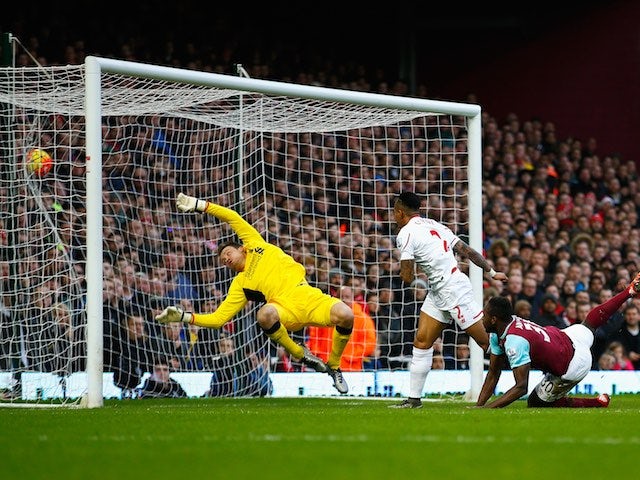 Michail Antonio scores the opener during the game between West Ham and Liverpool on January 2, 2016