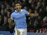 Sergio Aguero celebrates finding the winner during the game between Watford and Man City on January 2, 2016