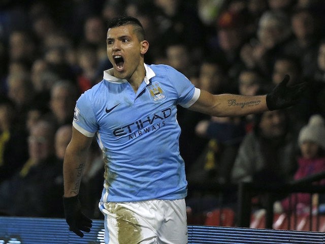 Sergio Aguero celebrates finding the winner during the game between Watford and Man City on January 2, 2016