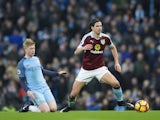 Kevin De Bruyne and George Boyd in action during the Premier League game between Manchester City and Burnley on January 2, 2017