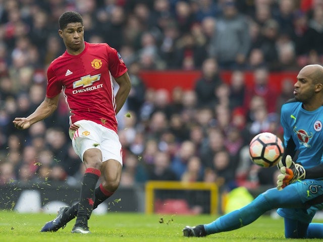 Marcus Rashford scores during the FA Cup game between Manchester United and Reading on January 7, 2017
