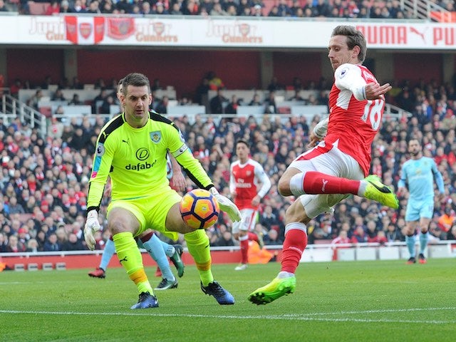 Thomas Heaton saves a Nacho Monreal shot during the Premier League game between Arsenal and Burnley on January 22, 2017