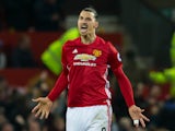 Manchester United striker Zlatan Ibrahimovic reacts after scoring during the Premier League clash with Liverpool at Old Trafford on January 15, 2017