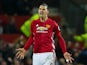 Manchester United striker Zlatan Ibrahimovic reacts after scoring during the Premier League clash with Liverpool at Old Trafford on January 15, 2017