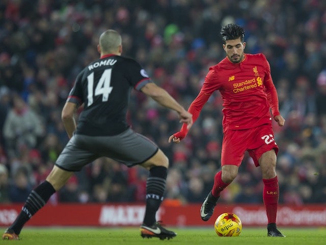 Emre Can and Oriol Romeu in action during the EFL Cup semi-final between Liverpool and Southampton on January 25, 2017