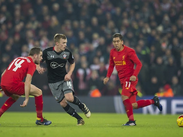 James Ward-Prowse, Jordan Henderson and Roberto Firmino in action during the EFL Cup semi-final between Liverpool and Southampton on January 25, 2017
