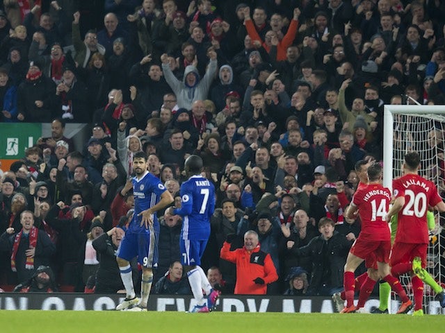 Diego Costa misses a penalty during the Premier League game between Liverpool and Chelsea on January 31, 2017