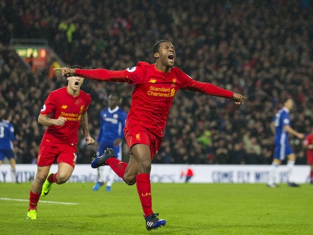 Georginio Wijnaldum celebrates getting the equaliser during the Premier League game between Liverpool and Chelsea on January 31, 2017