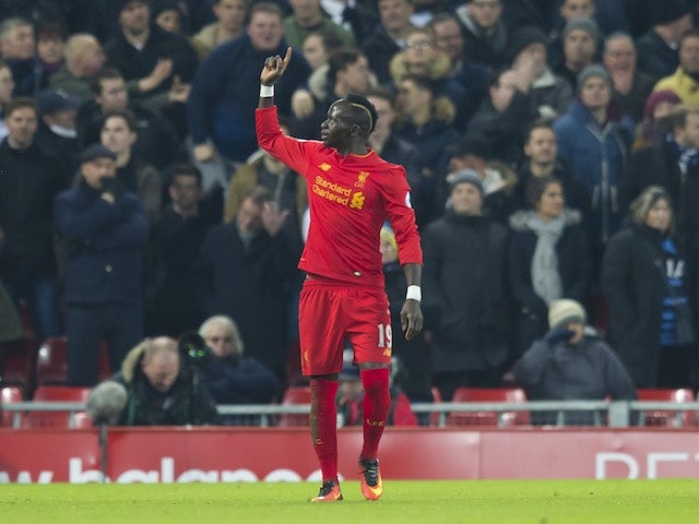 Sadio Mane celebrates scoring during the Premier League game between Liverpool and Tottenham Hotspur on February 11, 2017