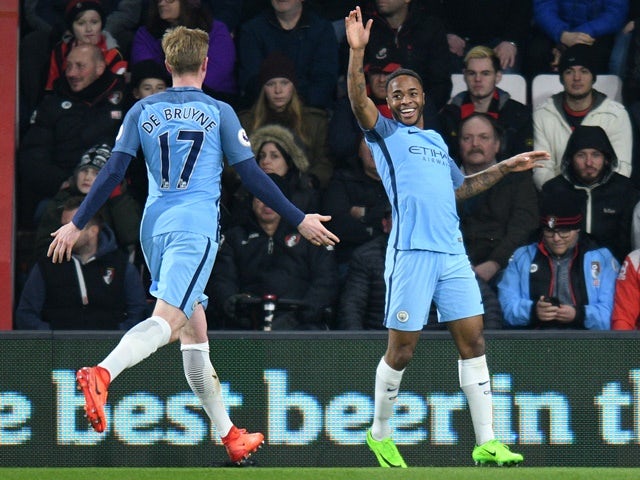 Raheem Sterling celebrates scoring Manchester City's first goal against Bournemouth on February 13, 2017