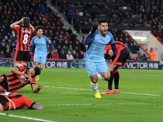 Manchester City's Sergio Aguero celebrates his side's second goal against Bournemouth on February 13, 2017
