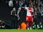 Manchester City manager Pep Guardiola and AS Monaco counterpart Leonardo Jardim discusses a controversial penalty call during the Champions League last 16 first leg between the two sides at the Etihad Stadium on February 21, 2017