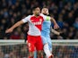 AS Monaco striker Radamel Falcao competes with Nicolas Otamendi in the Champions League last 16 first leg against Manchester City at the Etihad Stadium on February 21, 2017