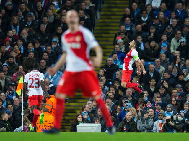 AS Monaco striker Radamel Falcao celebrates after scoring in the Champions League last 16 first leg against Manchester City at the Etihad Stadium on February 21, 2017