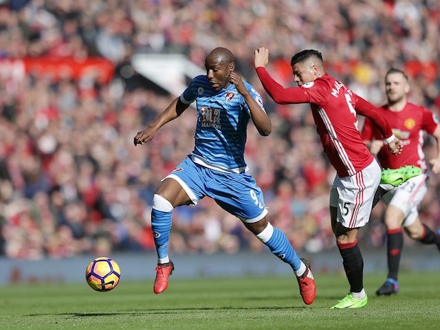 Benik Afobe and Marcos Rojo in action during the Premier League game between Manchester United and Bournemouth on March 4, 2017