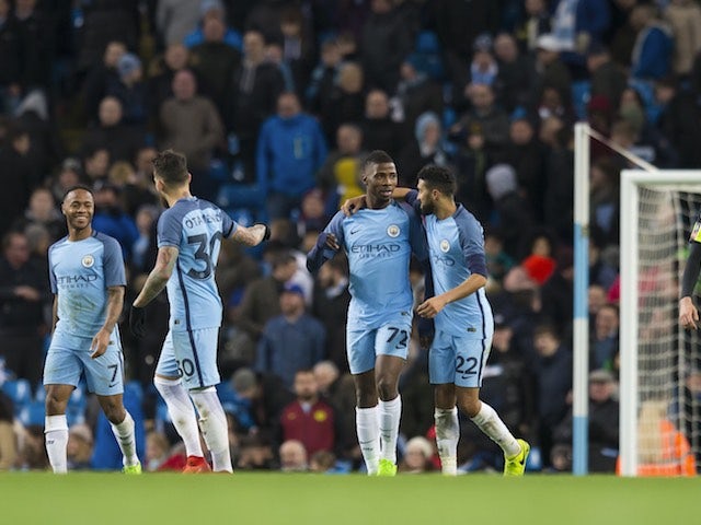 Kelechi Iheanacho celebrates scoring during the FA Cup replay between Manchester City and Huddersfield Town on March 1, 2017