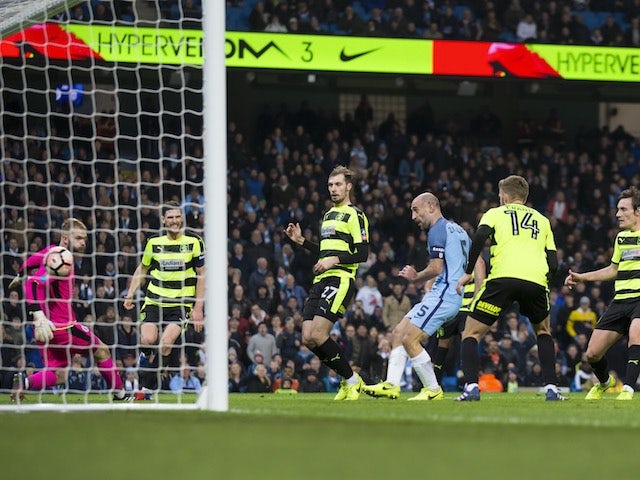 Pablo Zabaleta scores during the FA Cup replay between Manchester City and Huddersfield Town on March 1, 2017