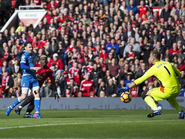 Paul Pogba misses an opportunity to put one past Artur Boruc during the Premier League game between Manchester United and Bournemouth on March 4, 2017
