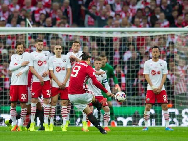 Manchester United striker Zlatan Ibrahimovic fires in a free kick during his side's EFL Cup final win over Southampton at Wembley on February 26, 2017