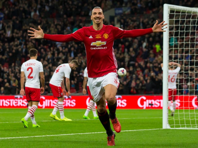 Manchester United striker Zlatan Ibrahimovic celebrates after scoring during his side's EFL Cup final victory over Southampton at Wembley on February 26, 2017