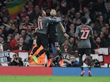 Arturo Vidal celebrates scoring during the Champions League game between Arsenal and Bayern Munich on March 7, 2017