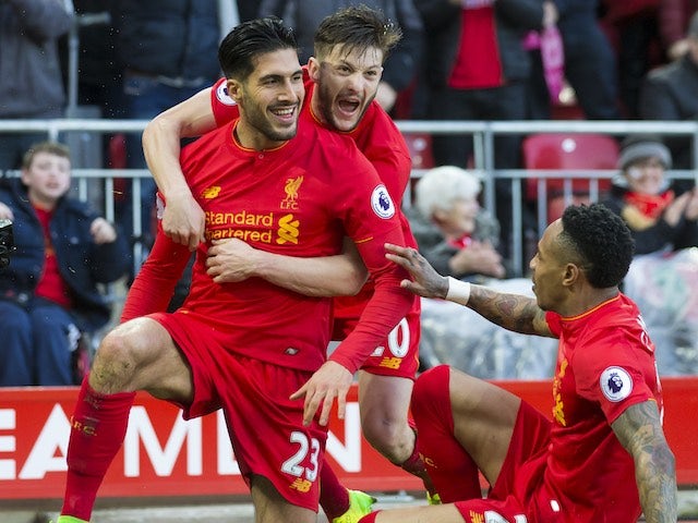 Emre Can celebrates scoring during the Premier League game between Liverpool and Burnley on March 12, 2017
