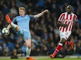 Manchester City's Kevin De Bruyne and Stoke City's Bruno Martins Indi on March 8, 2017
