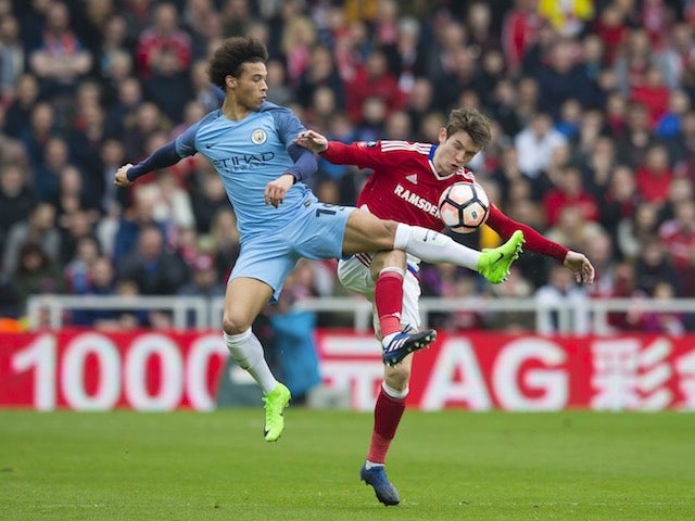 Leroy Sane and Marten de Roon in action during the FA Cup quarter-final between Middlesbrough and Manchester City on March 11, 2017